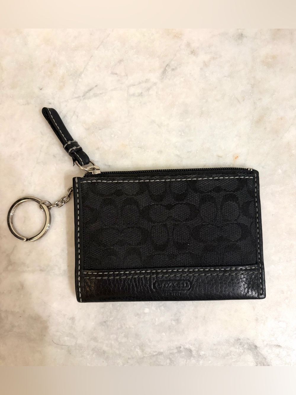 Vintage Coach Black Signature Canvas Mini Skinny ID Case Key Ring Coin Wallet